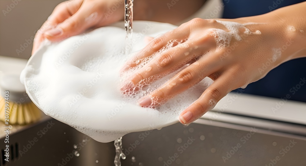 Fototapeta premium Woman Washing Dishes with Soap Suds in Kitchen Sink