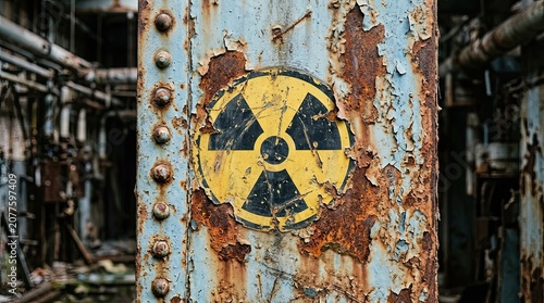 Weathered radioactive hazard symbol on heavily rusted and peeling blue metal panel in abandoned industrial facility symbolizing danger