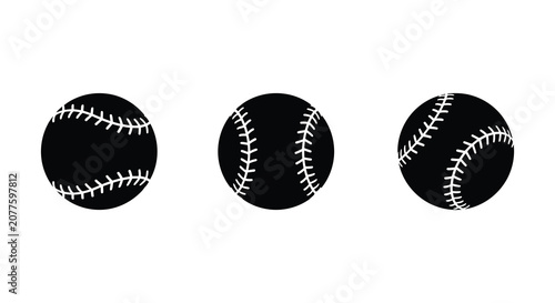 Three black baseball silhouettes with visible stitching against a white background silhouette baseballs ball sporting goods sports equipment