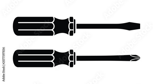 Two screwdrivers one flathead and one phillips depicted as a black silhouette screwdriver crosshead tool tools hand hardware