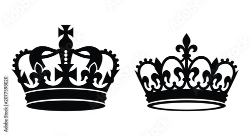 Photos Two ornate royal crowns depicted as black silhouettes against a white background