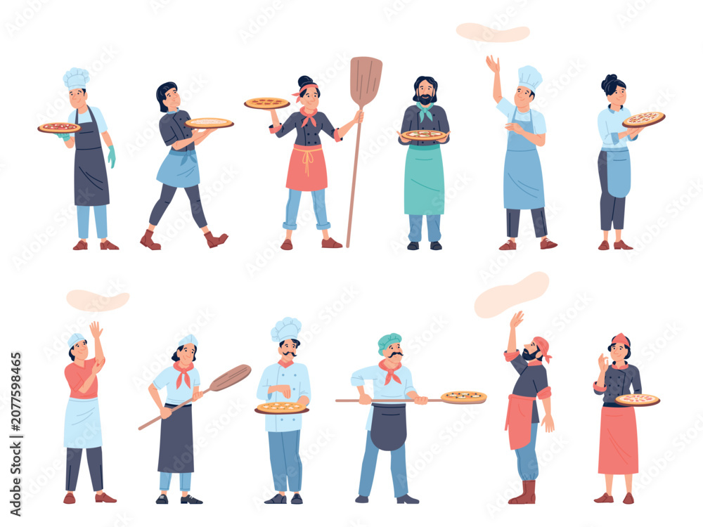 Fototapeta premium Pizza chef characters. Professional pizzeria chefs making dough and blanks. Tasty pizza, italian style food with cheese and sausages, recent vector set