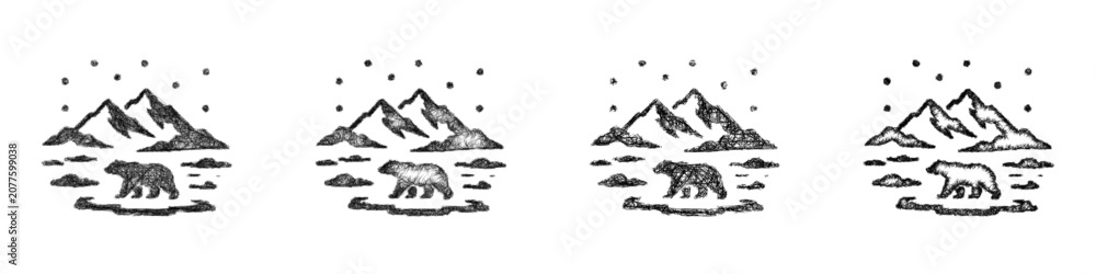 Fototapeta premium Monochrome sketch tundra biome icon design set