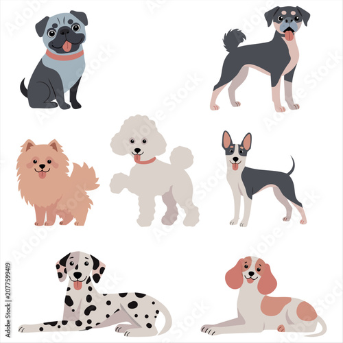 Cute Dog Breeds Vector Collection.Adorable Cartoon Dog Breed Clip art Set SVG,EPS.Pet Dog Character Vector Illustration Bundle.Cute Puppy Collection Flat Vector Design.Cartoon Dog Breeds Clipart Pack.