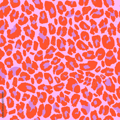 Bright neon leopard print seamless pattern, vibrant colors. Modern abstract animal skin texture, colorful leopard spots. Seamless repeat pink and orange leopard fur pattern. Trendy style leopard print