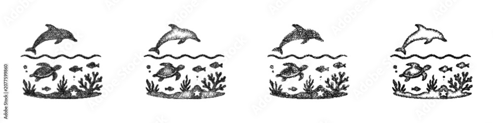 Obraz premium Sketch marine ecosystem icon design set