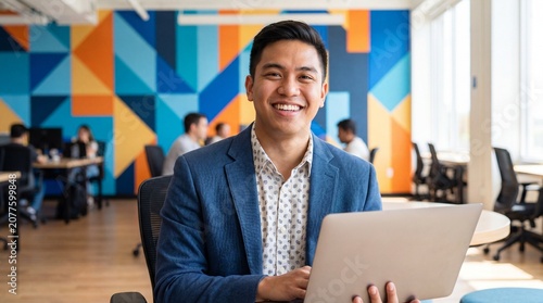 young Filipino man working on laptop in a modern colorful office/ coworking space