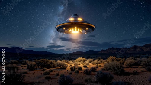 dramatic and mysterious UFO hovers over a vast desert landscape under a breathtaking starlit night sky, its glowing lights illuminating the terrain below. Extraterrestrial life, unexplained phenomena
