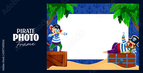 Fotografie Kids photo frame with sloth and monkey animal pirates in corsair costume on sandy tropical beach with treasure chest, crate, palm trees