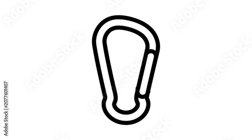 A minimalist black outline vector icon of a sturdy metal carabiner clip isolated on a clean white graphic background