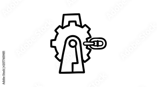 Simple black and white line art icon showing a mechanical gear attached to a chain in a flat style