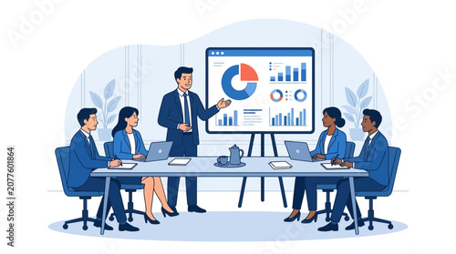 Business team meeting with presentation and charts.