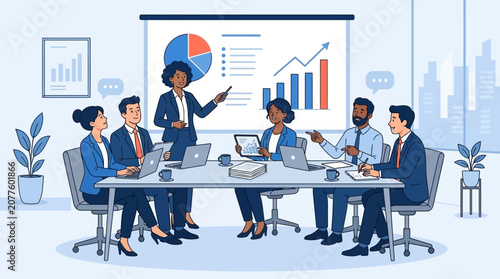 Business team meeting with presentation and charts.