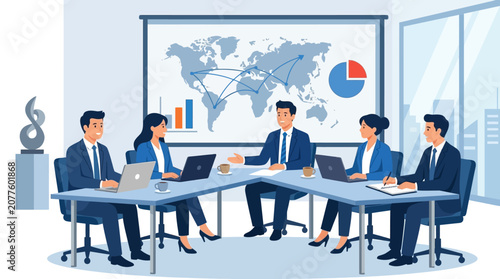 Professional business meeting with diverse team discussing strategies.