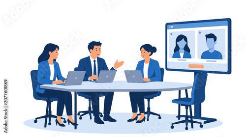 Business team meeting with video conference presentation.