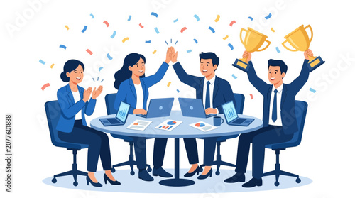 Team celebrating success at office meeting table.