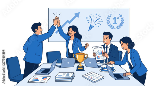Team celebrating business success in office meeting.