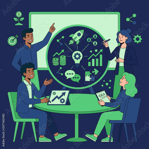 Team Brainstorms Innovative Business Ideas And Strategies On A Whiteboard With Visuals