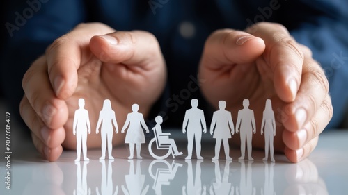 Hands protecting a diverse group of paper cutout people including a person in a wheelchair representing social inclusion equality and community support concept