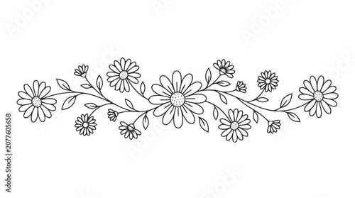 Delicate black and white floral border with blossoms and leaves.
