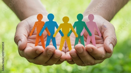 Human hands holding a row of colorful paper cutout people representing diversity, inclusion, and community support against a soft blurred green nature background outdoors