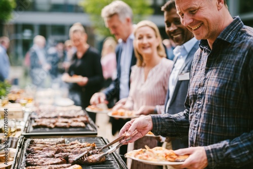 Colleagues enjoying outdoor corporate bbq team building event