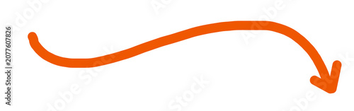 Orange wavy curved arrow flowing right doodle hand drawn