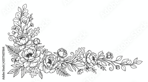 Elegant black and white floral corner border illustration for design projects.