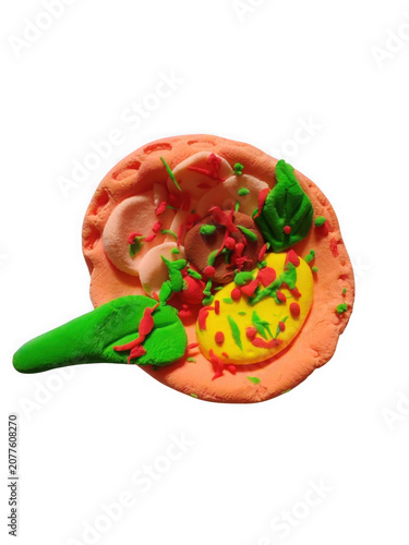 Handmade playdough pizza with colorful toppings detailed and vibrant transparent background