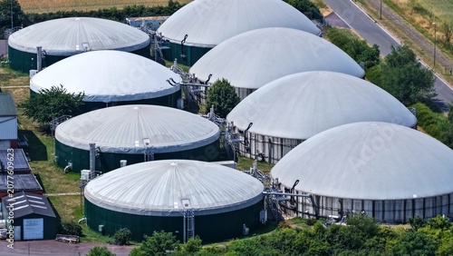 Принти на полотні Close Aerial View of Large Biogas Digesters in Agricultural Setting