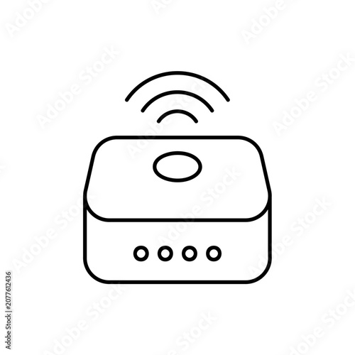 Smart hub outline icon. Vector line art illustration of a smart home gateway device with wireless internet signal waves for automation systems, technology apps, and connected device web ui design.