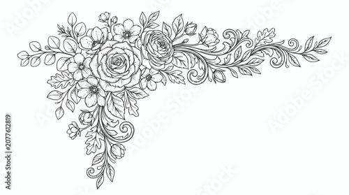 Ornamental floral corner design with roses and leaves in grayscale.