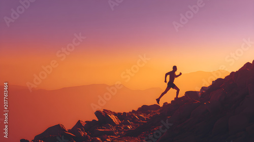 Silhouette of a determined athlete running up a rugged mountain trail during a vibrant golden hour sunset symbolizing success perseverance