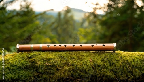Serene Bamboo Flute on Mossy Log in Natural Setting.
