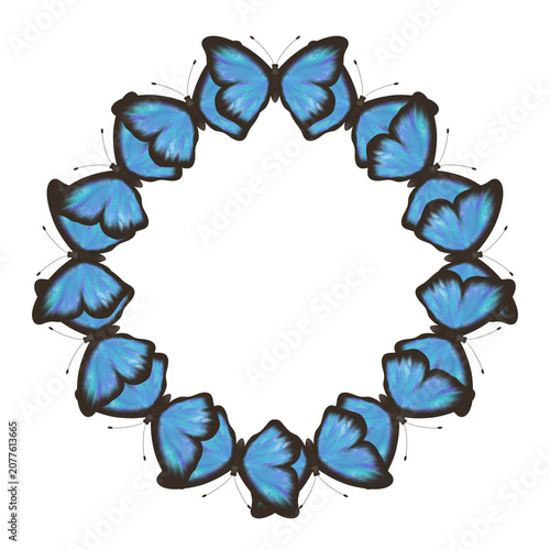 Elegant round butterfly frame with vivid blue butterflies arranged in a graceful wreath. Decorative raster illustration isolated on white, ideal for invitations, greeting cards and prints