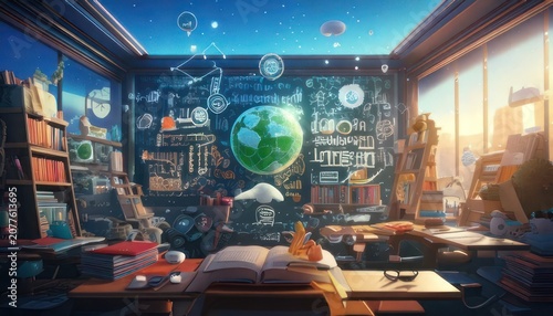 Futuristic Classroom with Interactive Globe and Digital Displays.