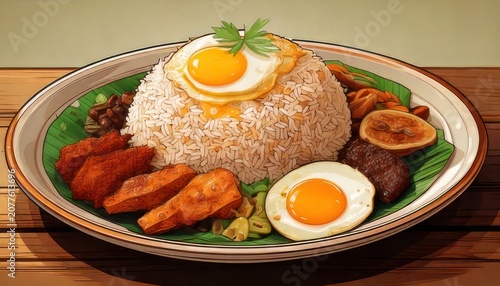 Delicious Nasi Lemak Meal with Fried Egg and Side Dishes.