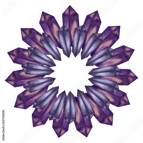 Elegant crystal wreath with purple amethyst gemstones forming a round frame. Decorative border with copy space for invitations, branding, posters, social media, and creative designs