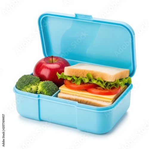 Healthy school lunch in a blue bento box