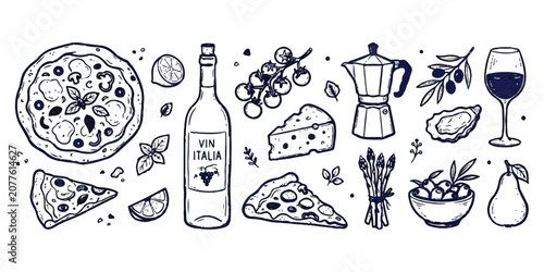 Foto Hand drawn italian food icons set with pizza wine cheese coffee maker and fresh