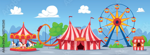 Cartoon funfair. Amusement park landscape summer fair festival circus tent carousel ferris wheel roller coaster tickets booth child amuse qualitative background vector illustration