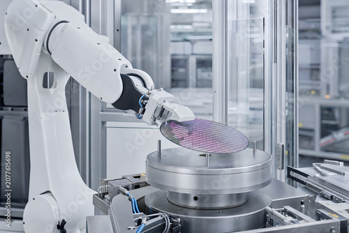 Robotic Arm Handling Silicon Wafer In Cleanroom Fab