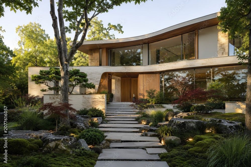 Fototapeta premium Modern Luxury Villa Exterior with Tropical Landscape, Natural Stone and Floor-to-Ceiling Glass, Ultra Photorealistic Architecture