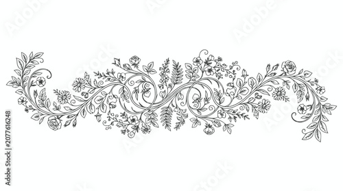 Elegant monochrome floral border design with swirling leaves and blossoms for decoration.