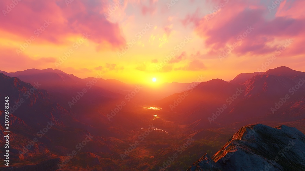Naklejka premium Dramatic sunset over mountain range with valley and river view