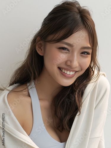 Natural beauty portrait of smiling Japanese woman with soft light, copy space