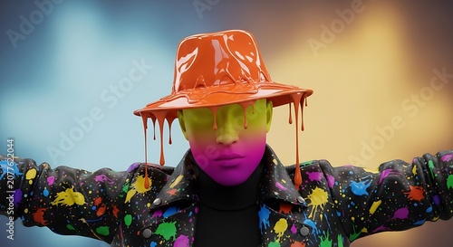 Abstract figure wearing dripping orange hat and colorful paint splatter jacket