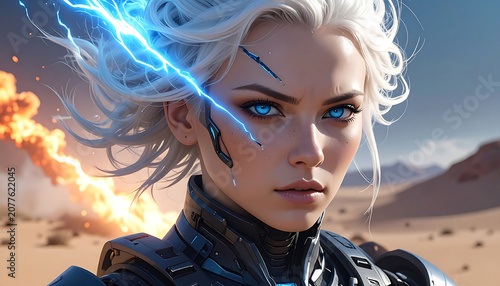 Female cyborg with flowing white hair and a blue-white tactical suit draws a high-tech