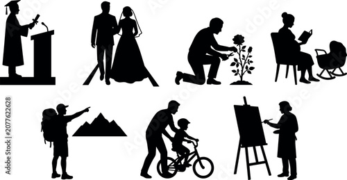 Life milestone silhouettes featuring graduation marriage parenting exploration and creativity vector illustration