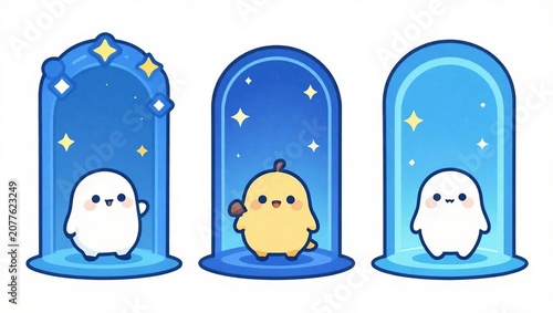 Cute Ghost and Chick Characters in Cosmic Glass Domes Illustration Set